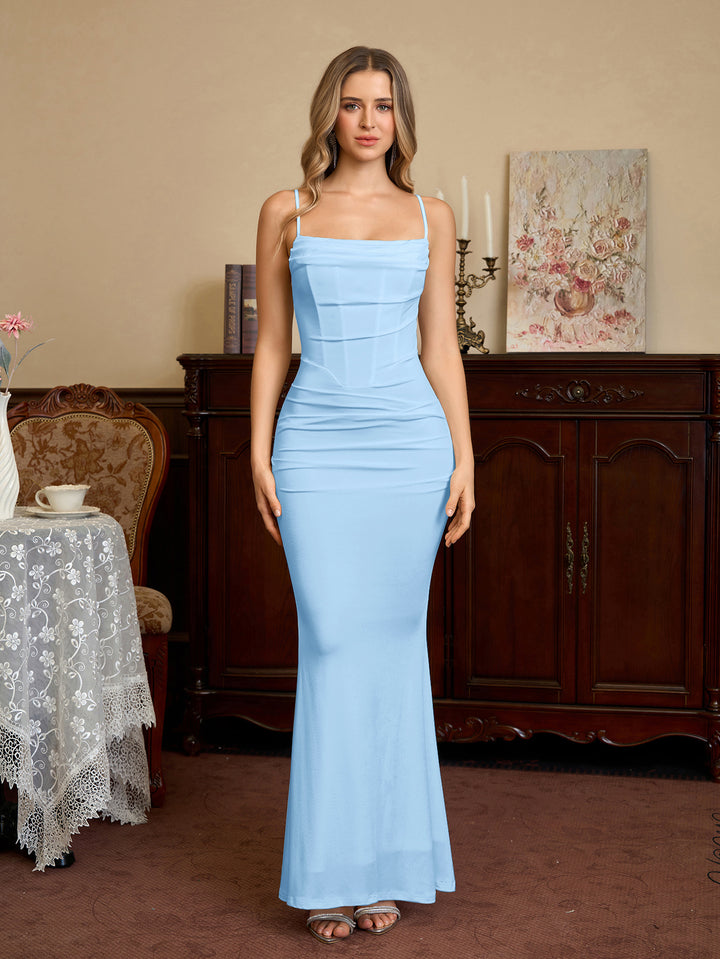 Solid Ruched Bodycon Formal Dress#color_blue