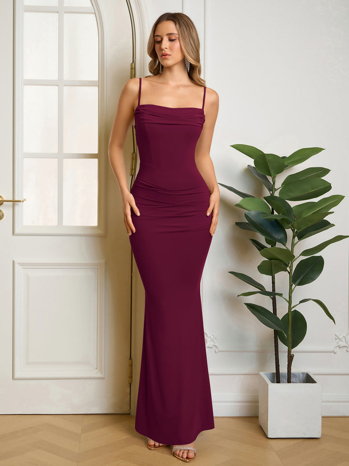 Ruched Solid Bodycon Formal Dress#color_wine