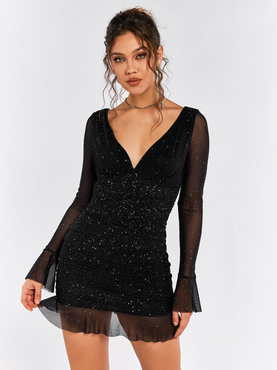sparkly deep v-line flounce sleeve mesh dress#color_black