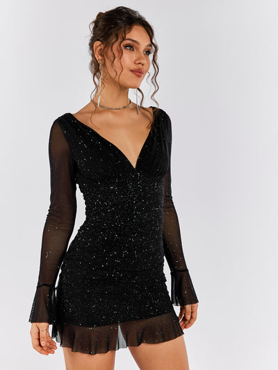 flounce sleeve sparkly deep v-line mesh dress#color_black