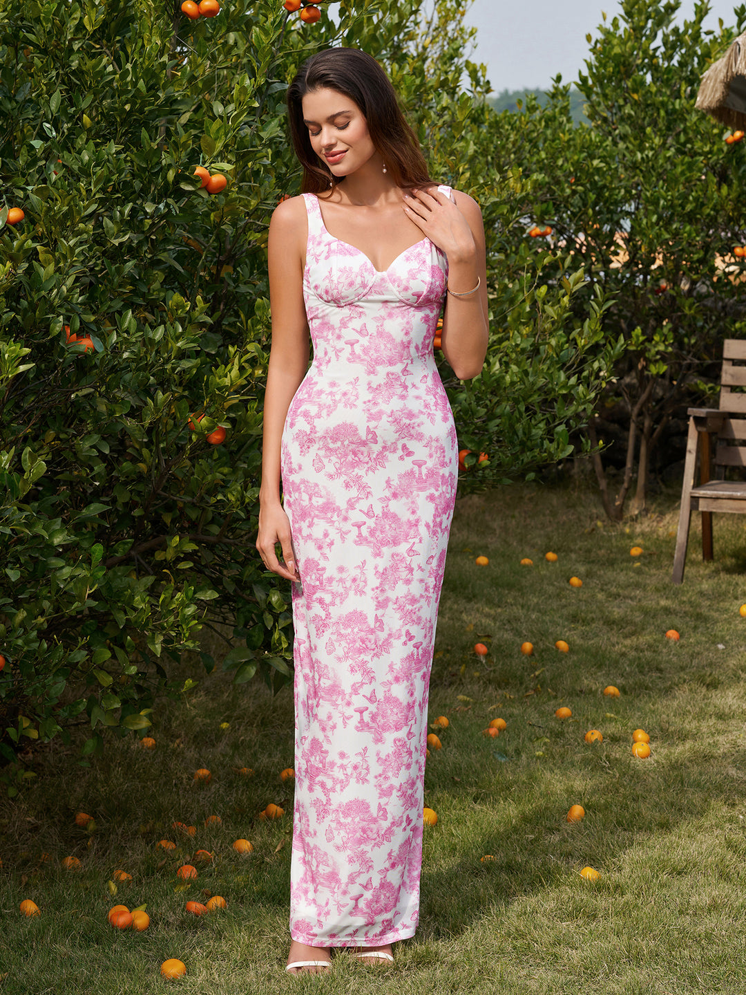 Hem Mesh Split Floral Print Bodycon Dress#color_pink