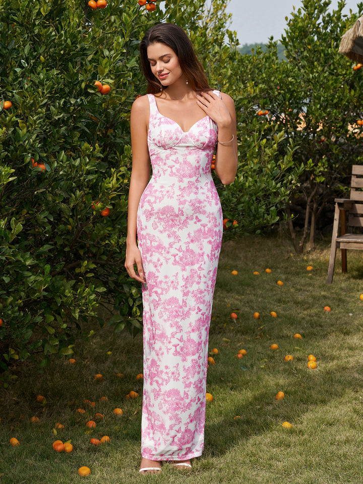 Hem Mesh Split Floral Print Bodycon Dress#color_pink