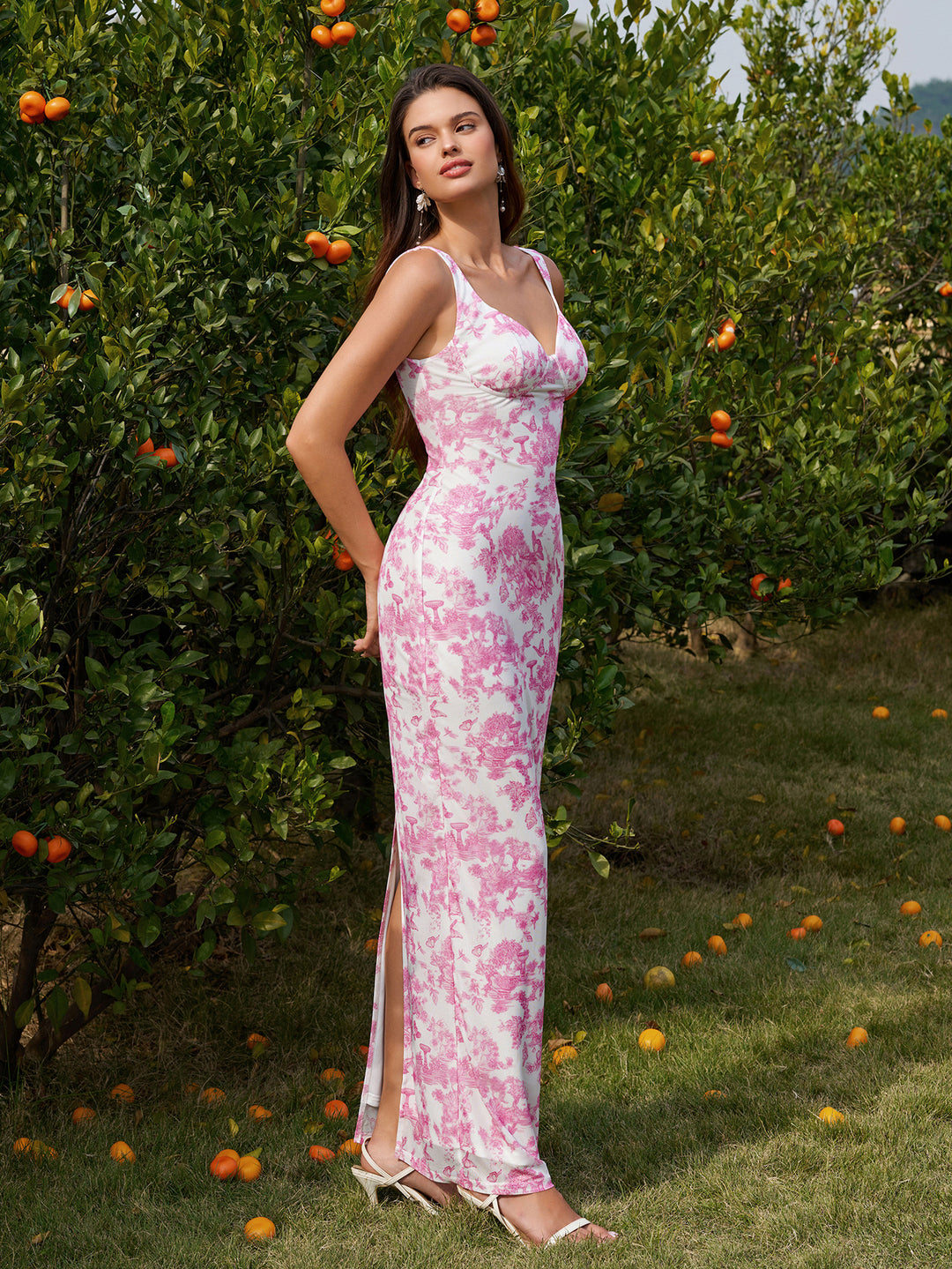 Hem Split Mesh Floral Print Bodycon Dress#color_pink