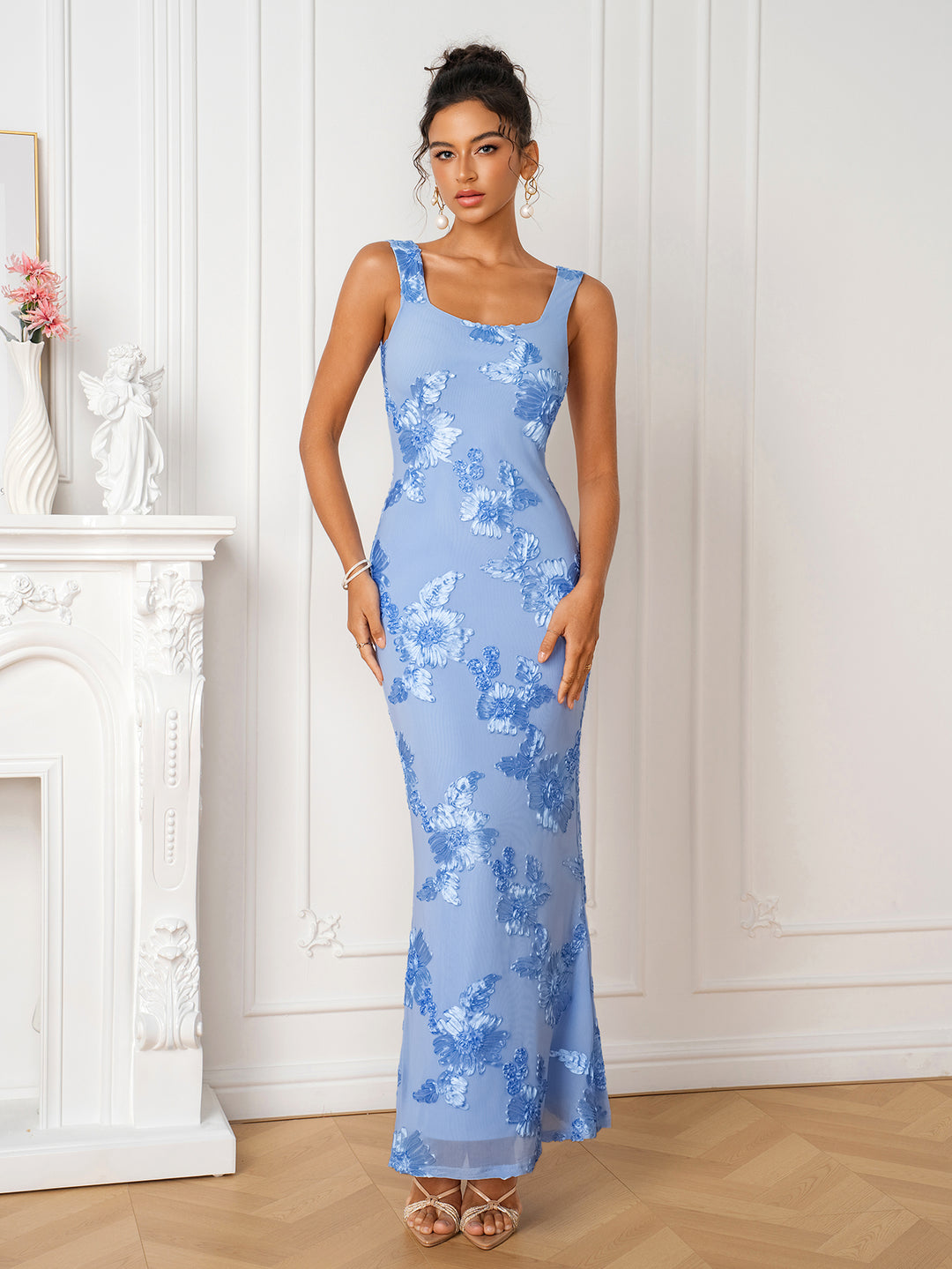 Square Neck Backless Jacquard Mesh Dress
