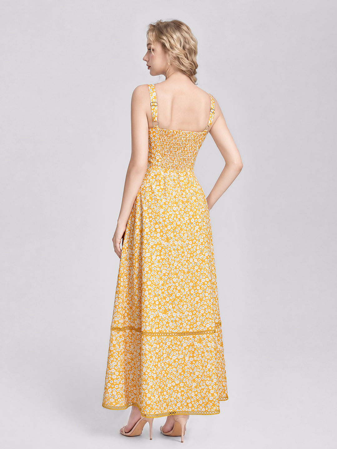 Square Neck Pocket Backless Floral Print Dress