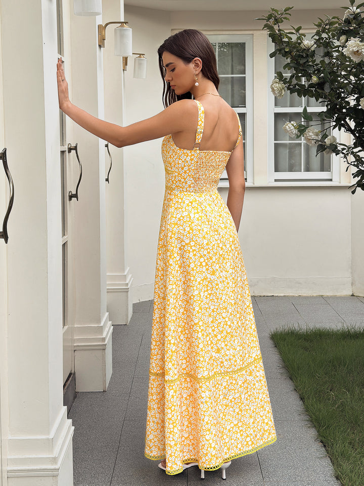 Square Neck Pocket Backless Floral Print Dress