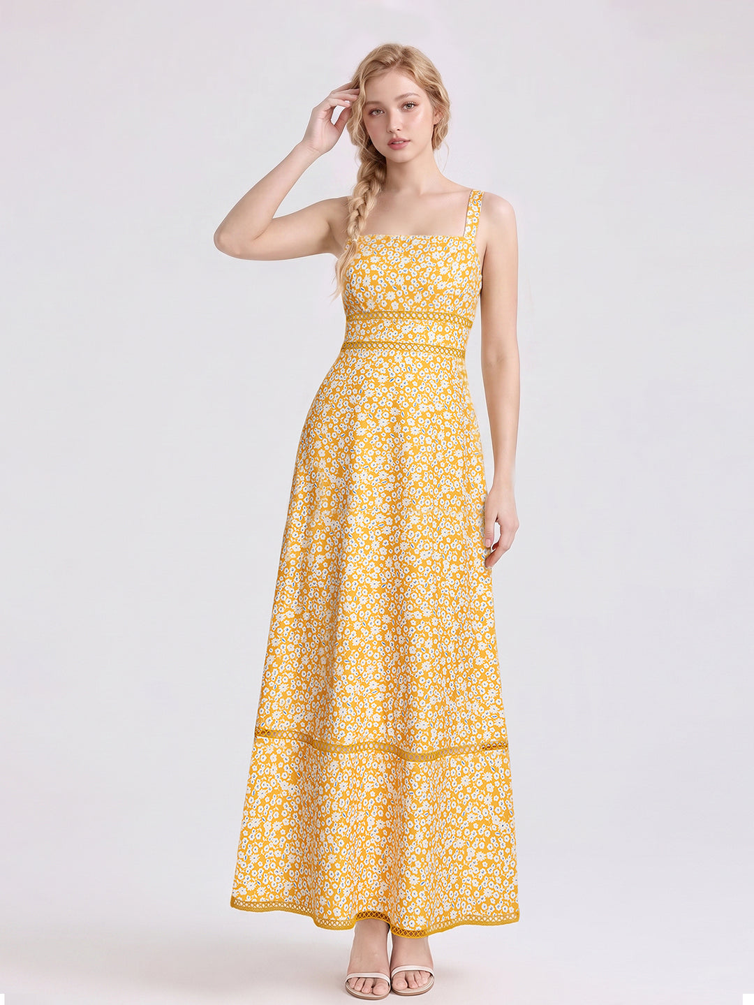 Square Neck Backless Pocket Floral Print Dress