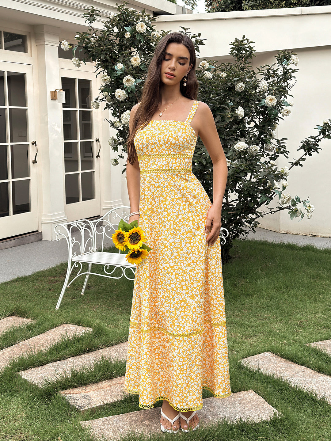 Backless Pocket Square Neck Floral Print Dress