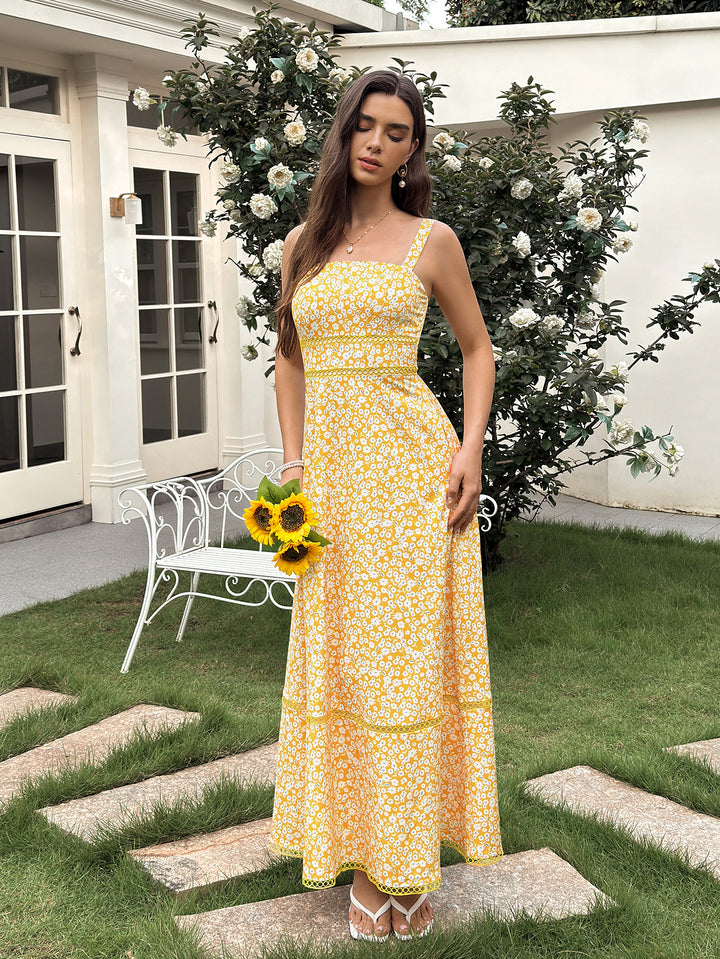 Backless Pocket Square Neck Floral Print Dress