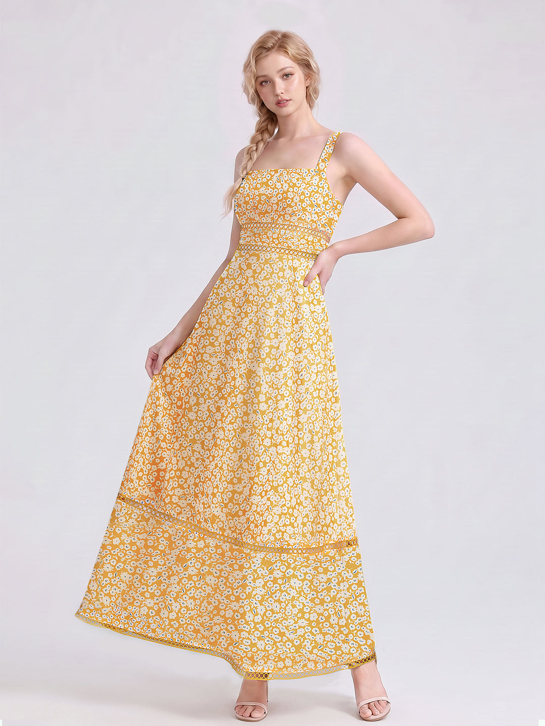 Backless Square Neck Pocket Floral Print Dress