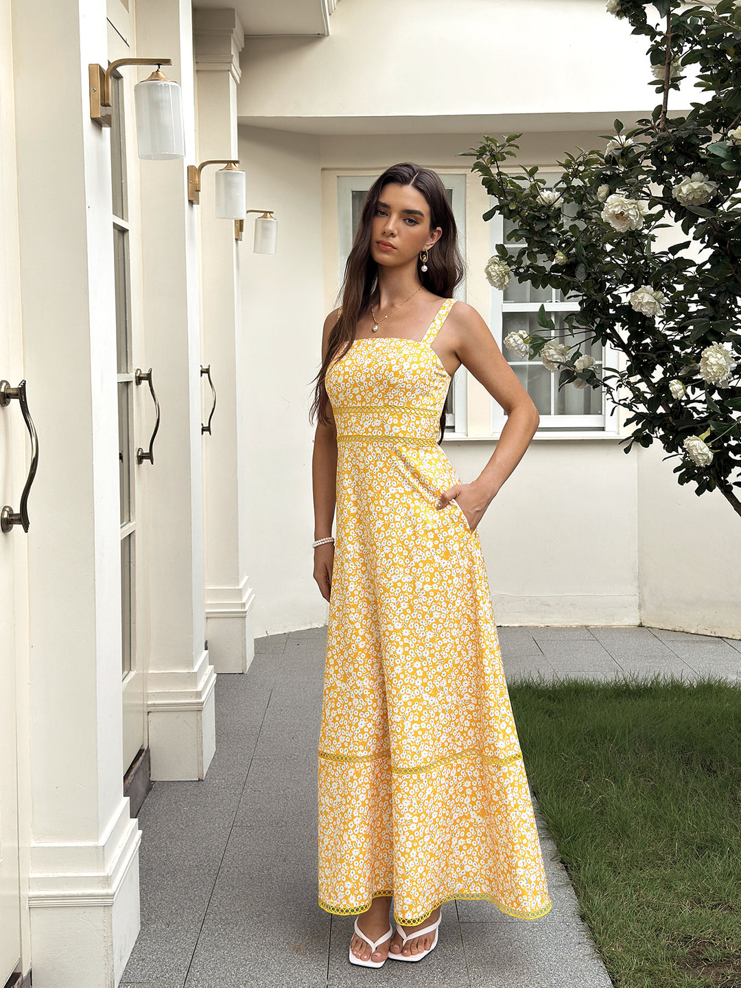 Backless Square Neck Pocket Floral Print Dress