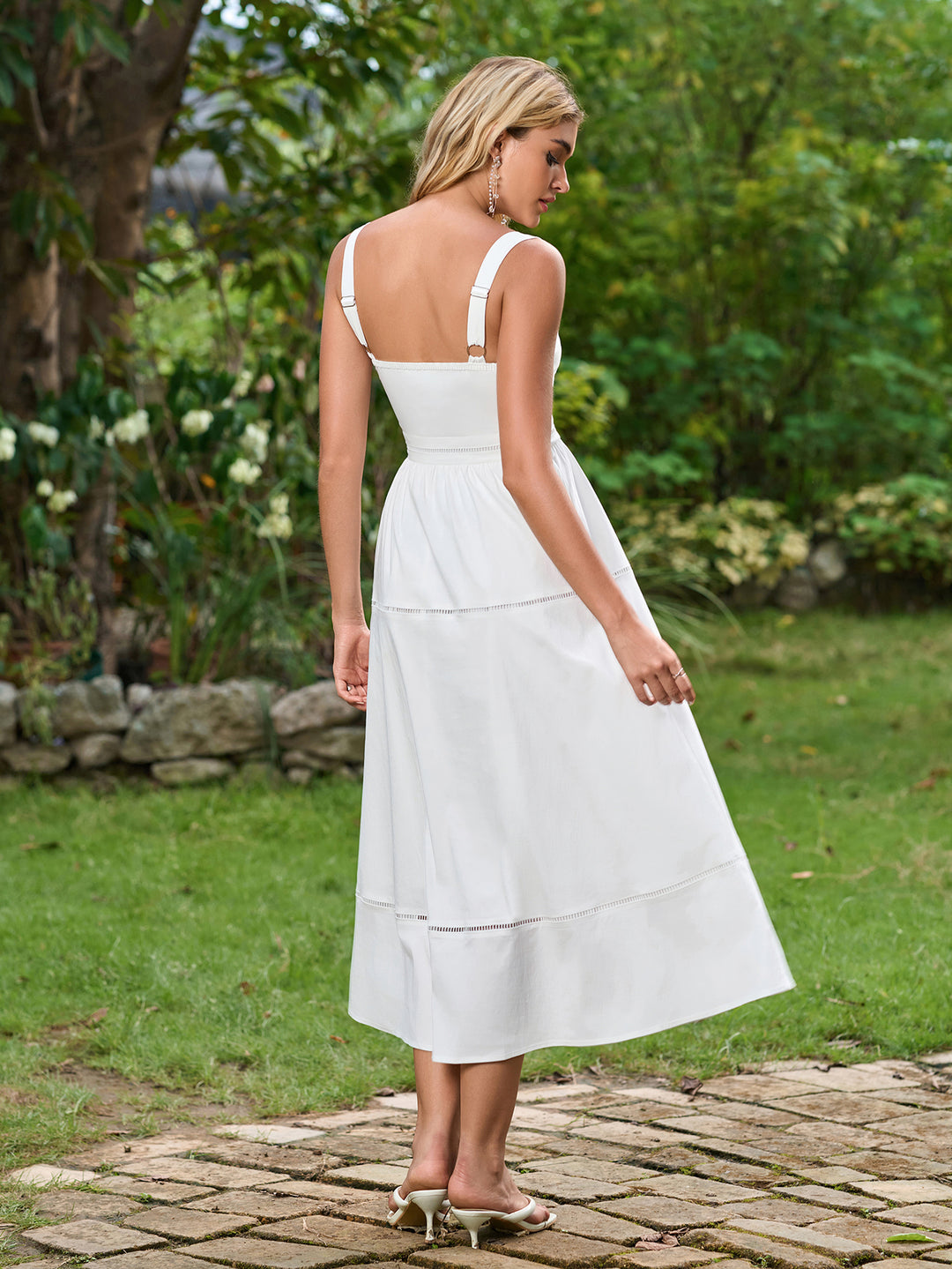 Square Neck Ruched Backless Solid Midi Dress