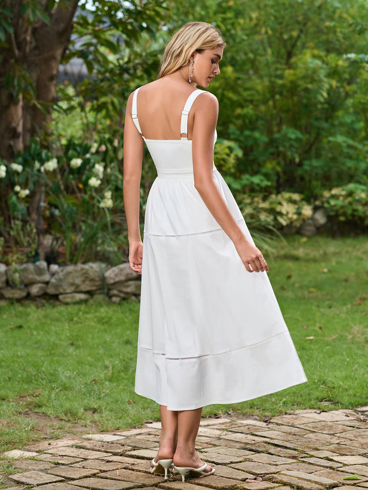 Square Neck Ruched Backless Solid Midi Dress