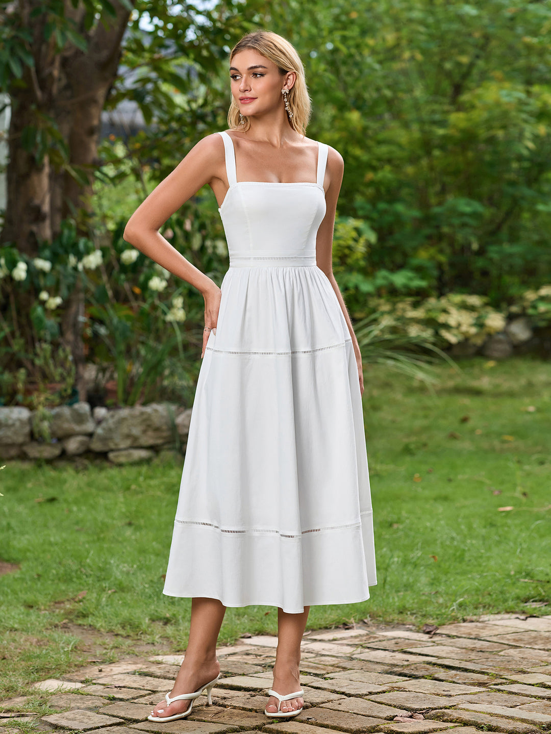 Ruched Backless Square Neck Solid Midi Dress