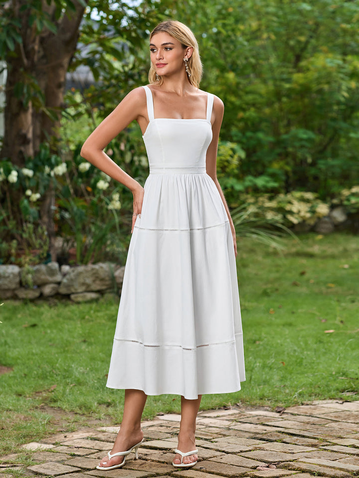 Ruched Backless Square Neck Solid Midi Dress