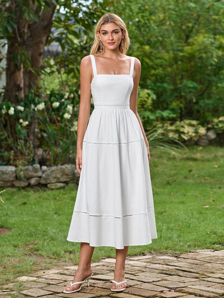 Square Neck Backless Ruched Solid Midi Dress