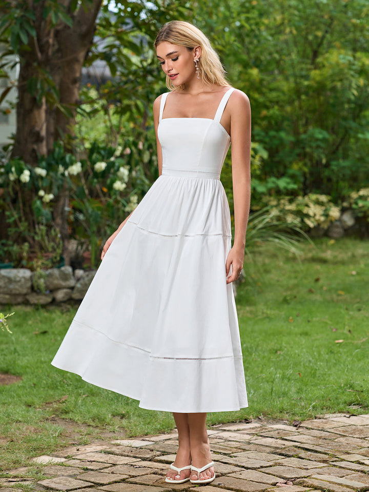 Backless Square Neck Ruched Solid Midi Dress