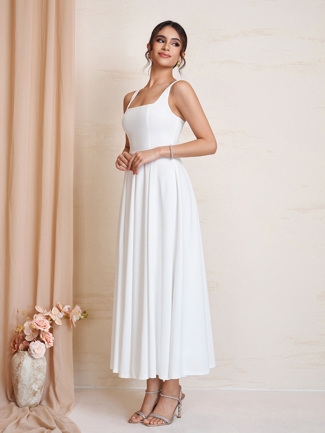 Neck Square Backless Zipper Maxi Dress