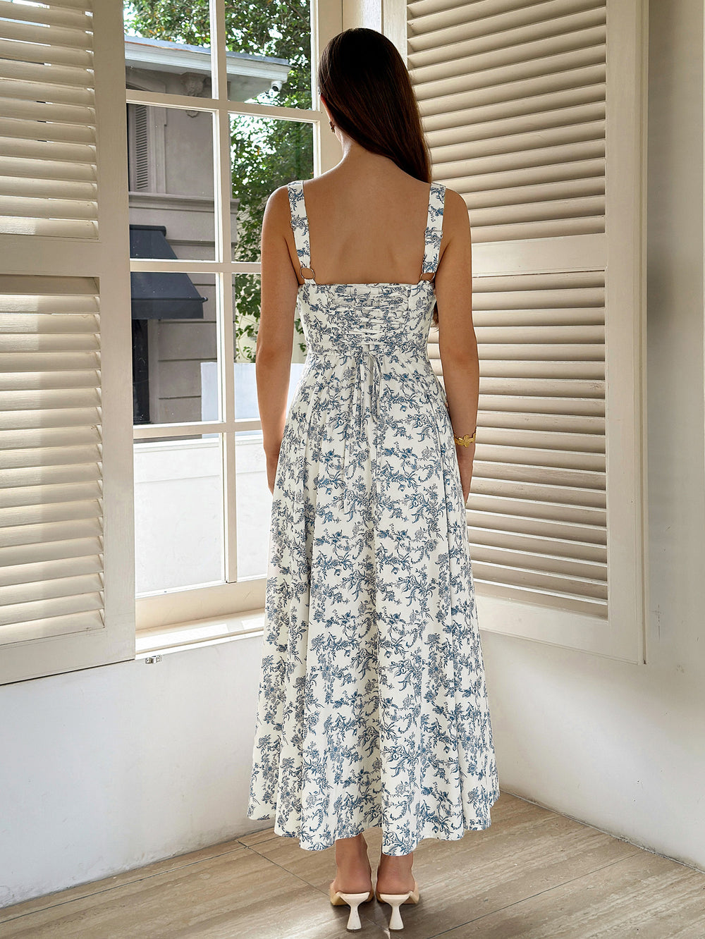 Square Neck Floral Print Crisscross Back Dress#color_bluefloral