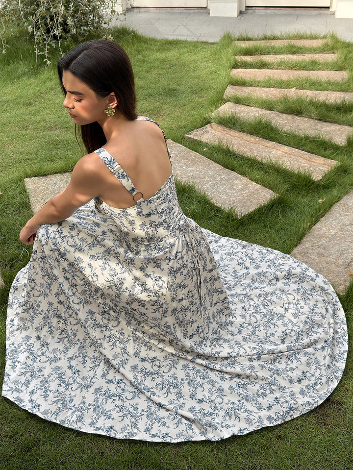 Floral Print Crisscross Back Square Neck Dress