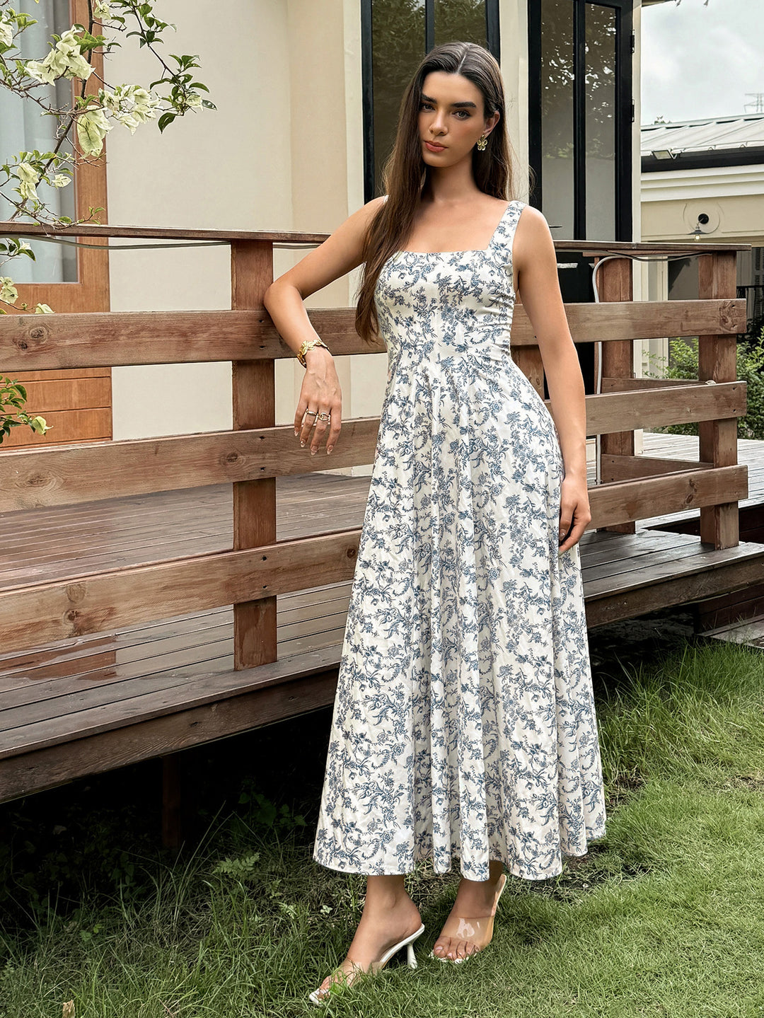 Floral Print Square Neck Crisscross Back Dress