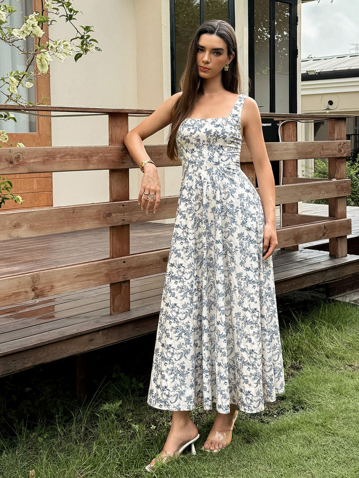Floral Print Square Neck Crisscross Back Dress
