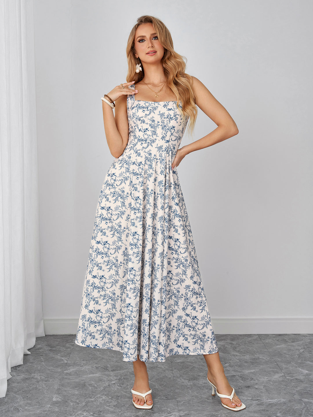 Square Neck Crisscross Back Floral Print Dress#color_bluefloral