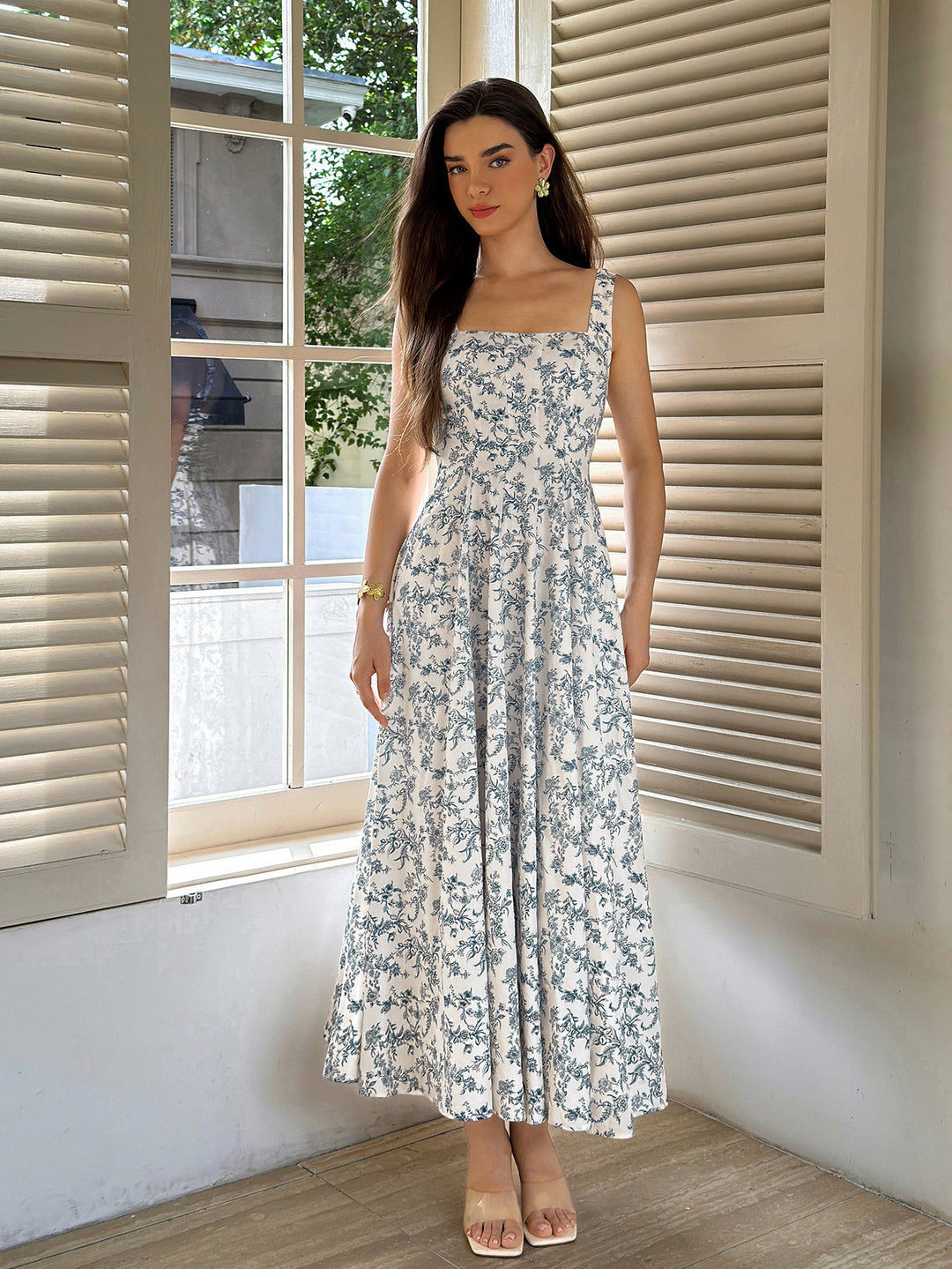 Square Neck Crisscross Back Floral Print Dress#color_bluefloral