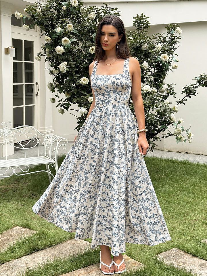 Crisscross Back Square Neck Floral Print Dress