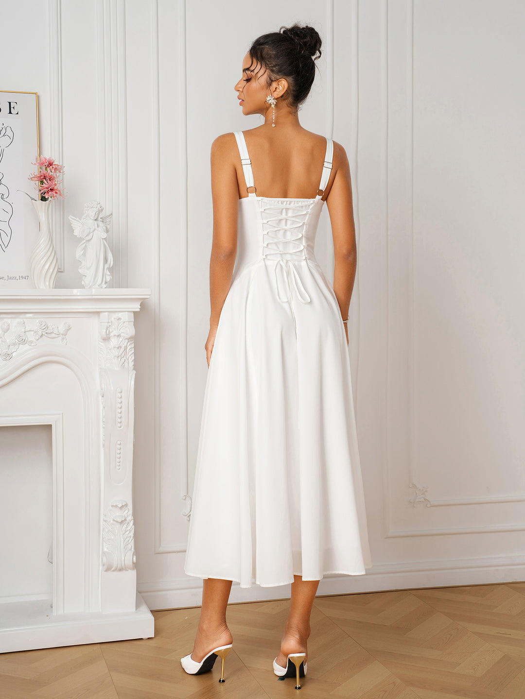 Square Neck Pocket Crisscross Back Corset Dress