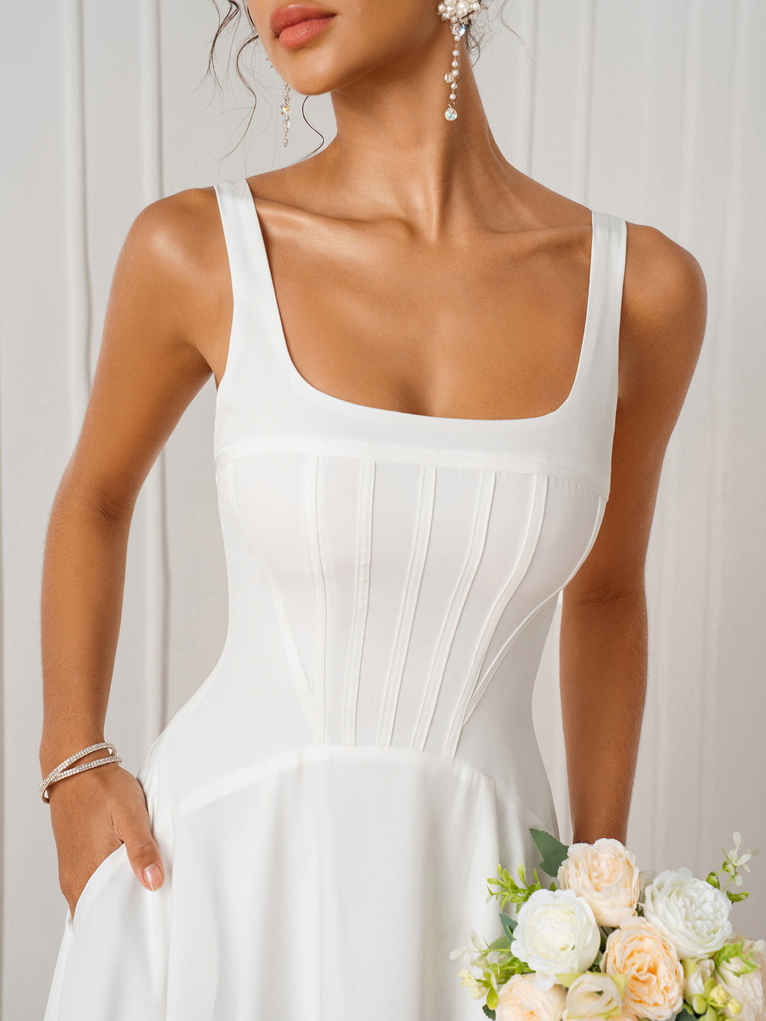 Pocket Crisscross Back Square Neck Corset Dress