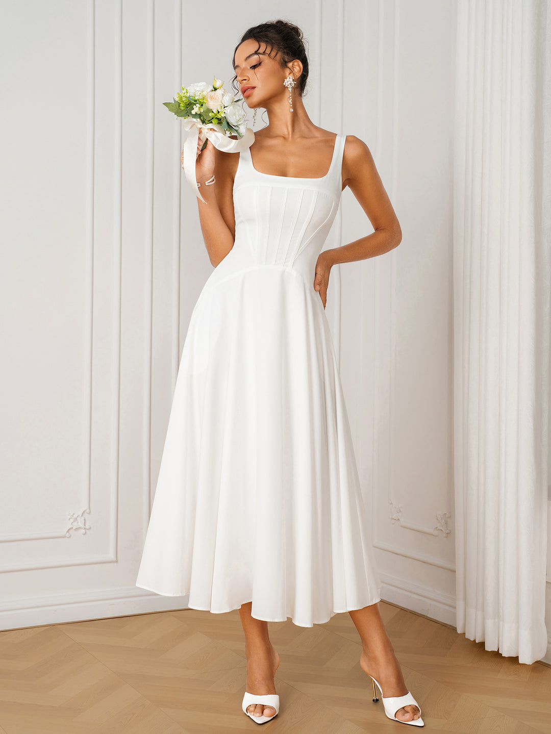 Pocket Square Neck Crisscross Back Corset Dress