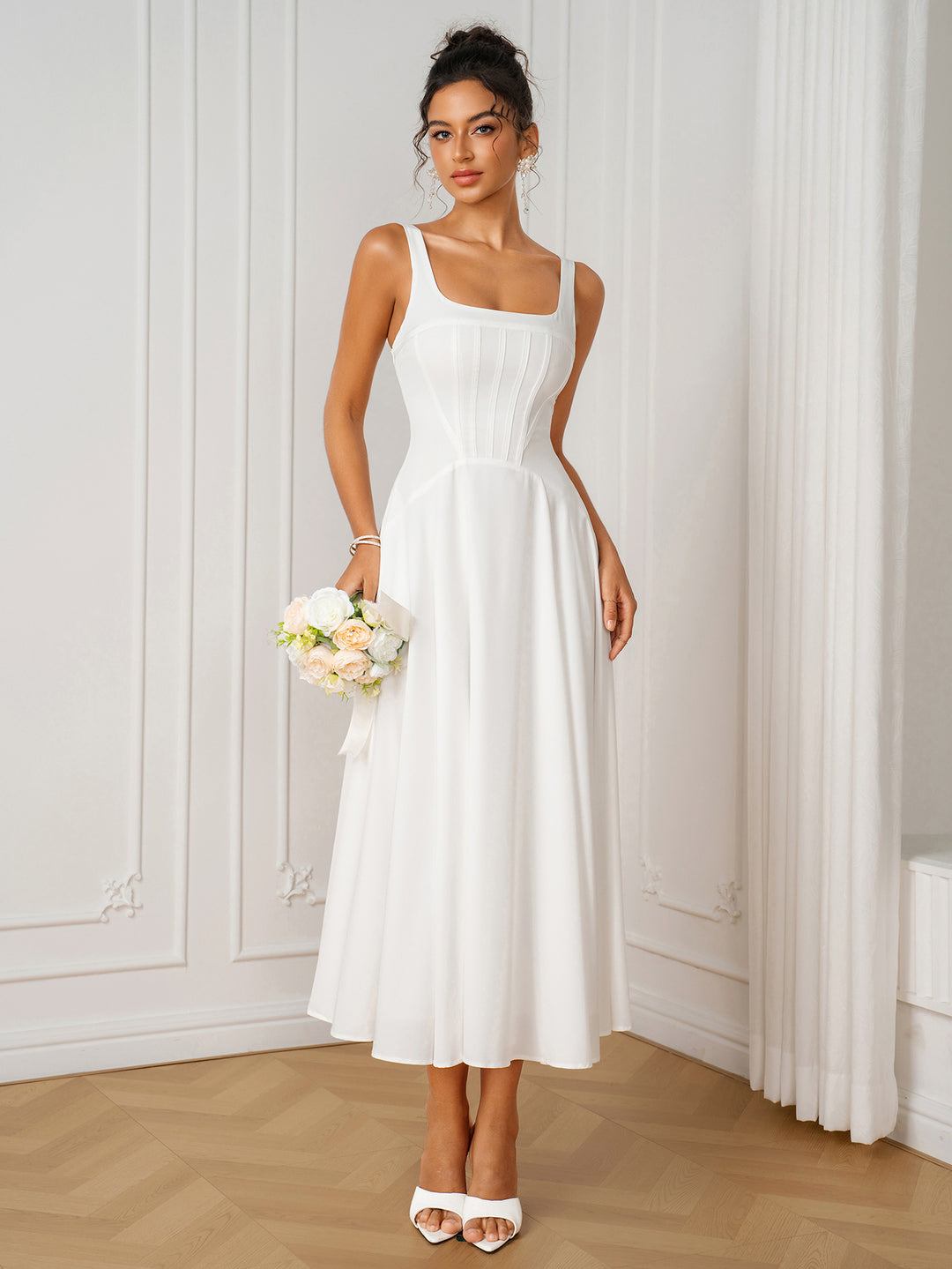 Square Neck Crisscross Back Pocket Corset Dress