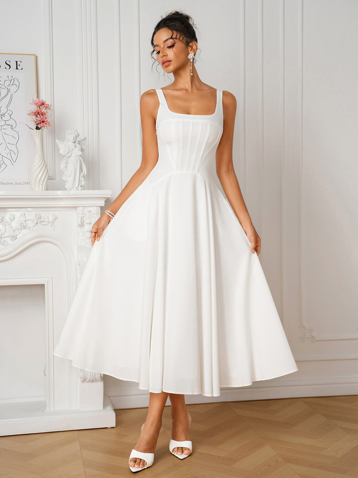 Crisscross Back Pocket Square Neck Corset Dress
