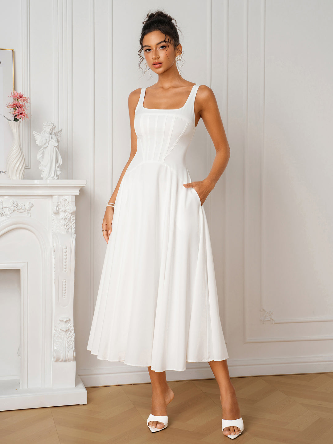 Crisscross Back Square Neck Pocket Corset Dress