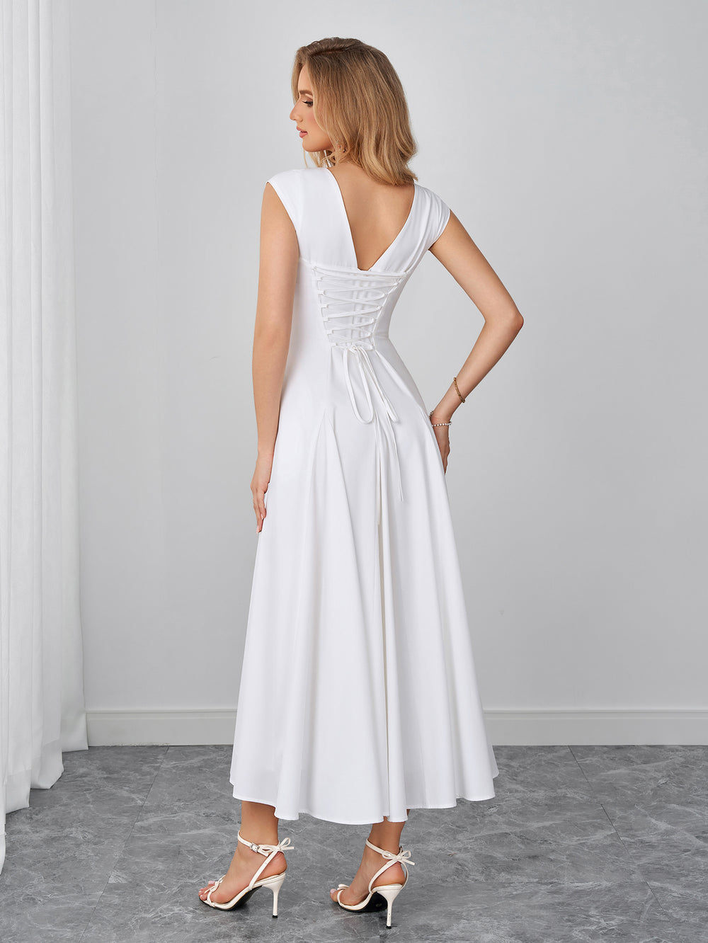 Square Neck Pocket Crisscross Back Maxi Dress#color_white