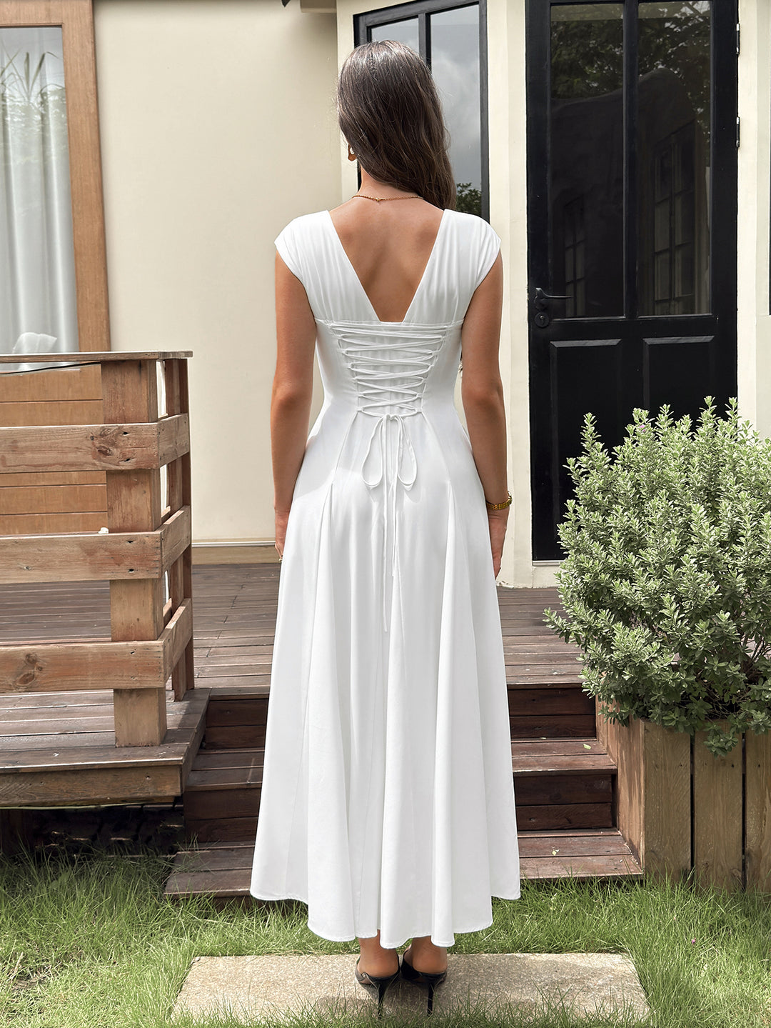 Square Neck Pocket Crisscross Back Maxi Dress