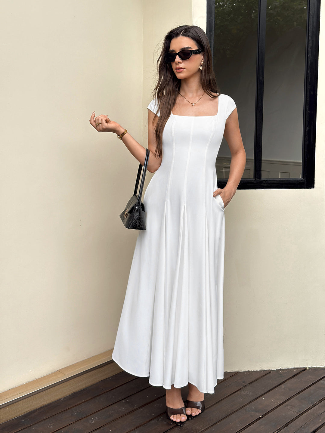 Pocket Square Neck Crisscross Back Maxi Dress
