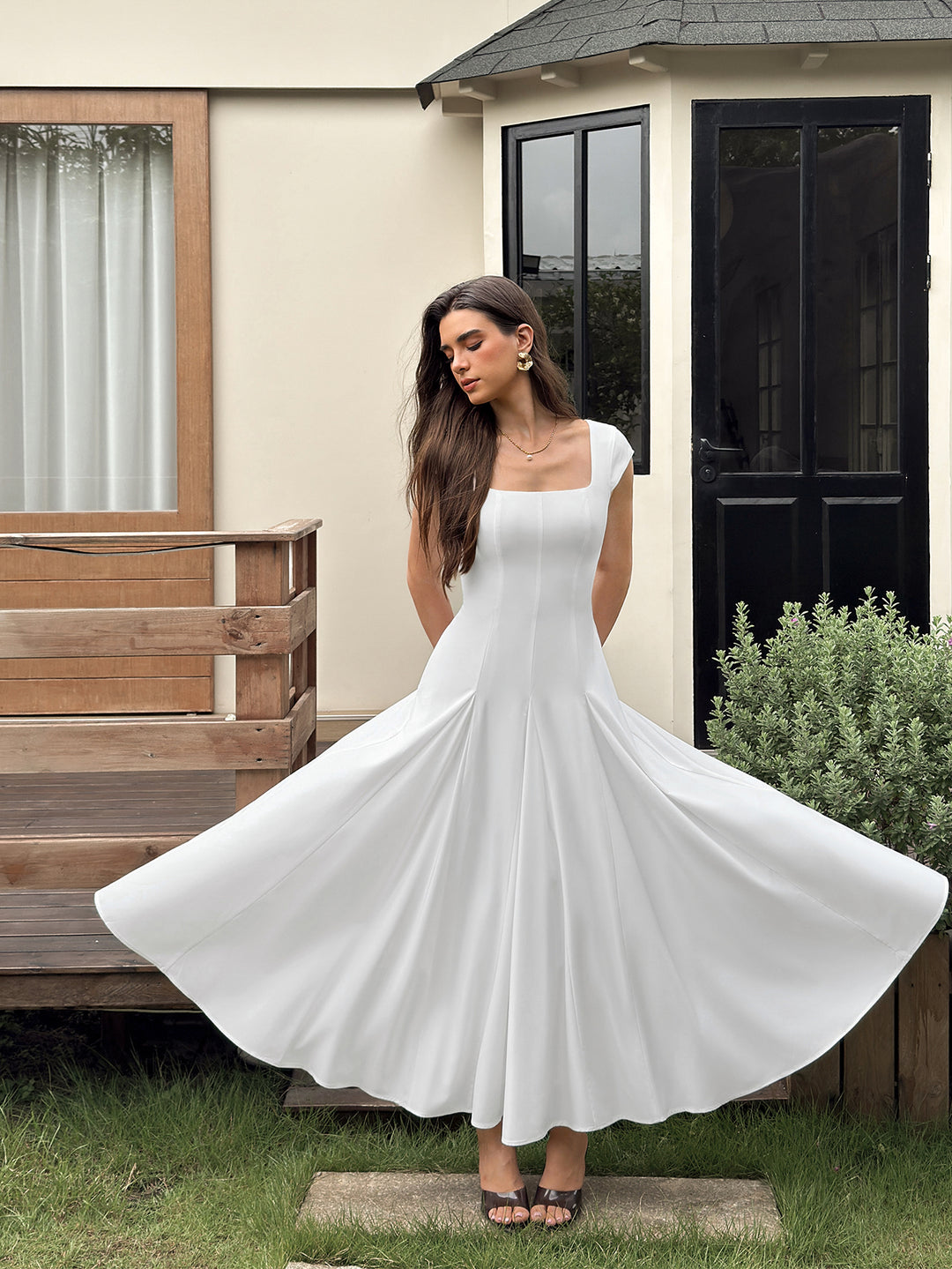 Crisscross Back Square Neck Pocket Maxi Dress