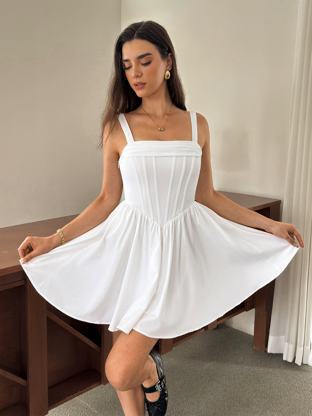 Ruched Crisscross Back Square Neck Corset Mini Dress