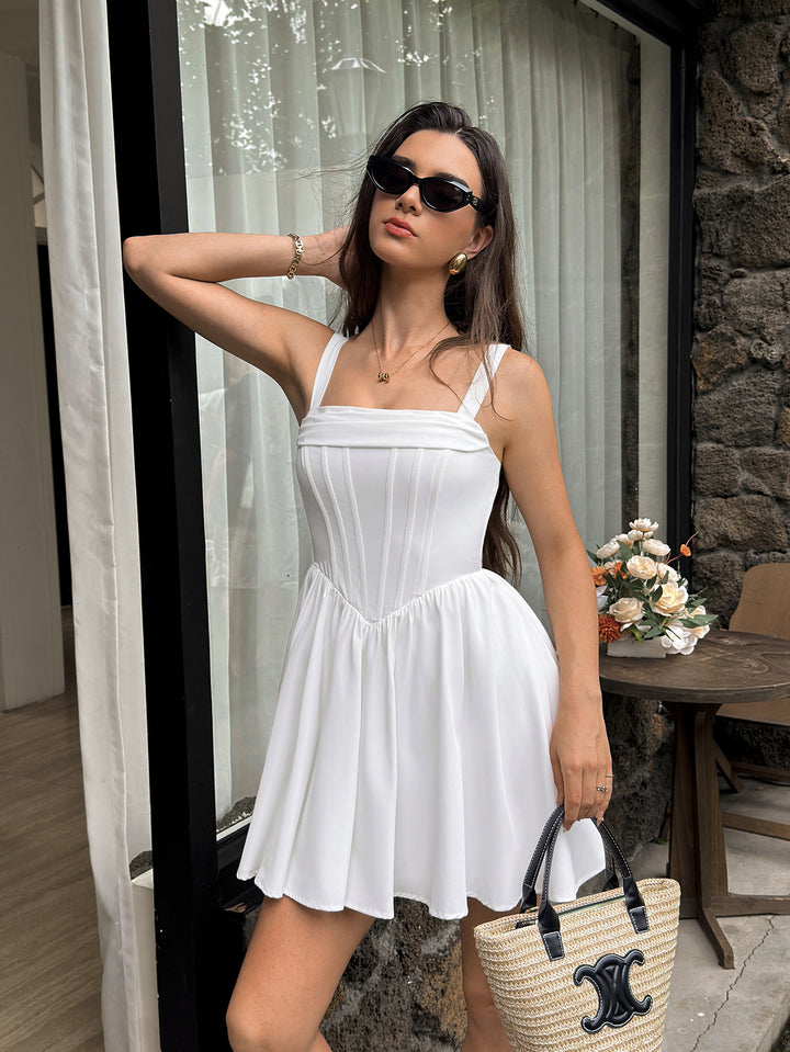 Crisscross Back Ruched Square Neck Corset Mini Dress