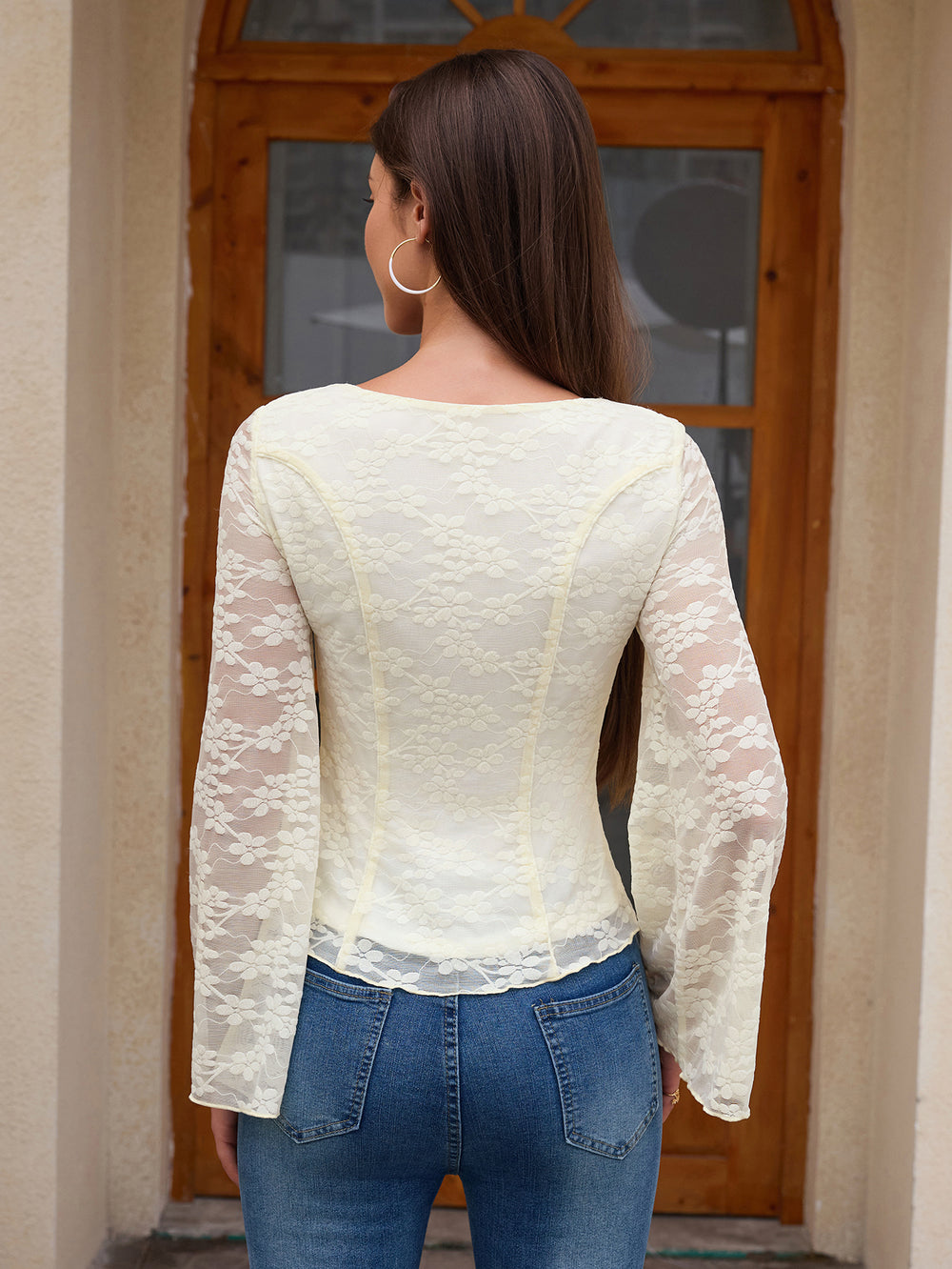 Square Neck Tie Front Flared Sleeve Lace Top#color_beige