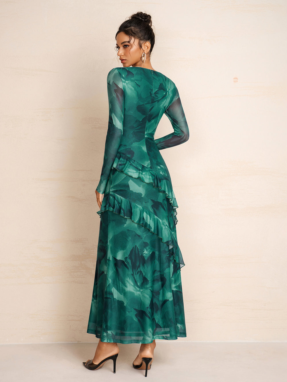 Square Neck Long Sleeve Flounce Trim Mesh Dress#color_greenfloral