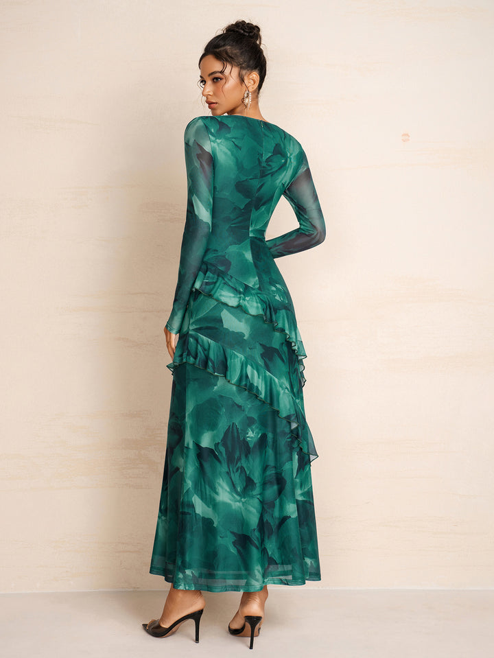 Square Neck Long Sleeve Flounce Trim Mesh Dress