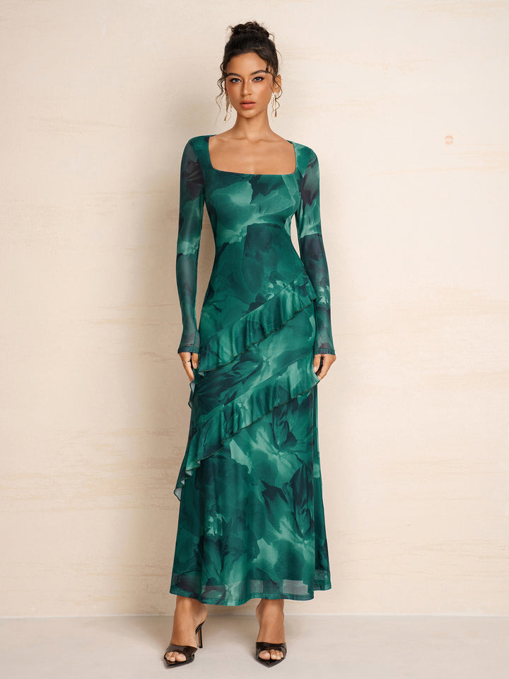 Long Sleeve Square Neck Flounce Trim Mesh Dress