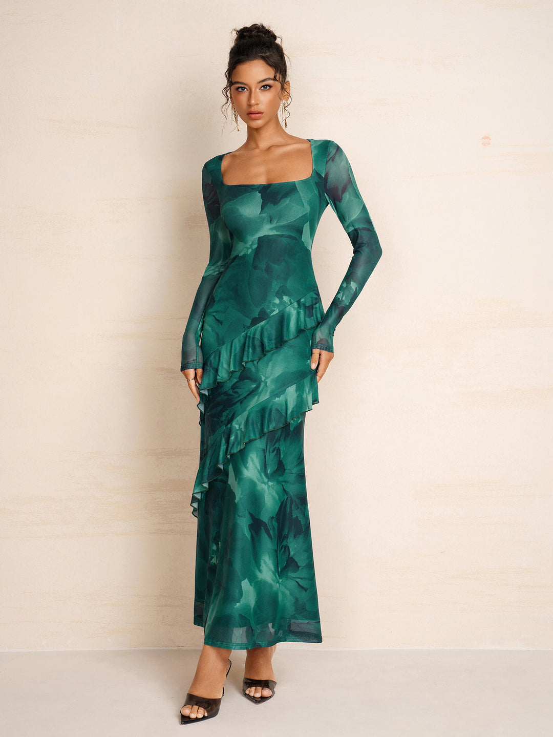 Square Neck Flounce Trim Long Sleeve Mesh Dress