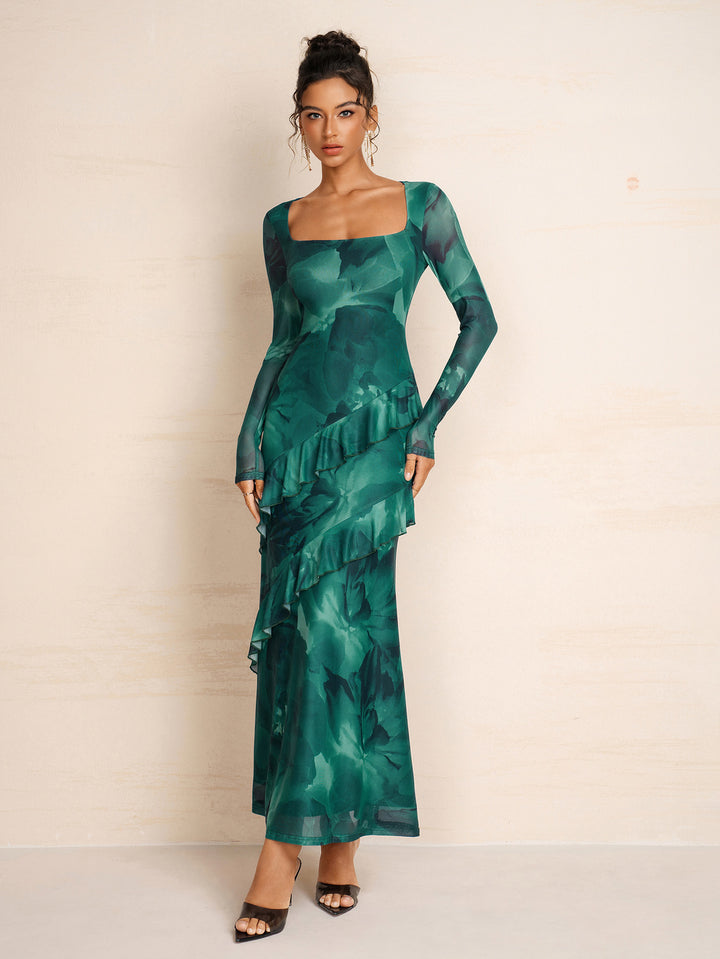 Square Neck Flounce Trim Long Sleeve Mesh Dress
