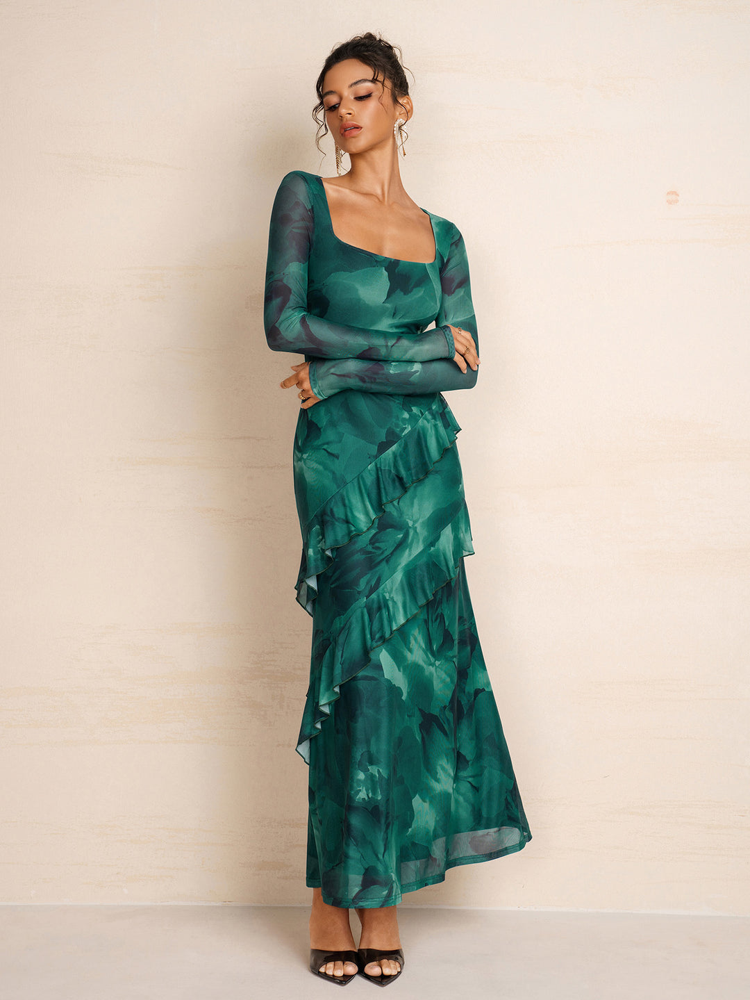 Flounce Trim Long Sleeve Square Neck Mesh Dress