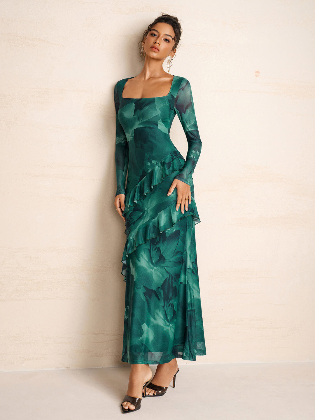 Flounce Trim Square Neck Long Sleeve Mesh Dress
