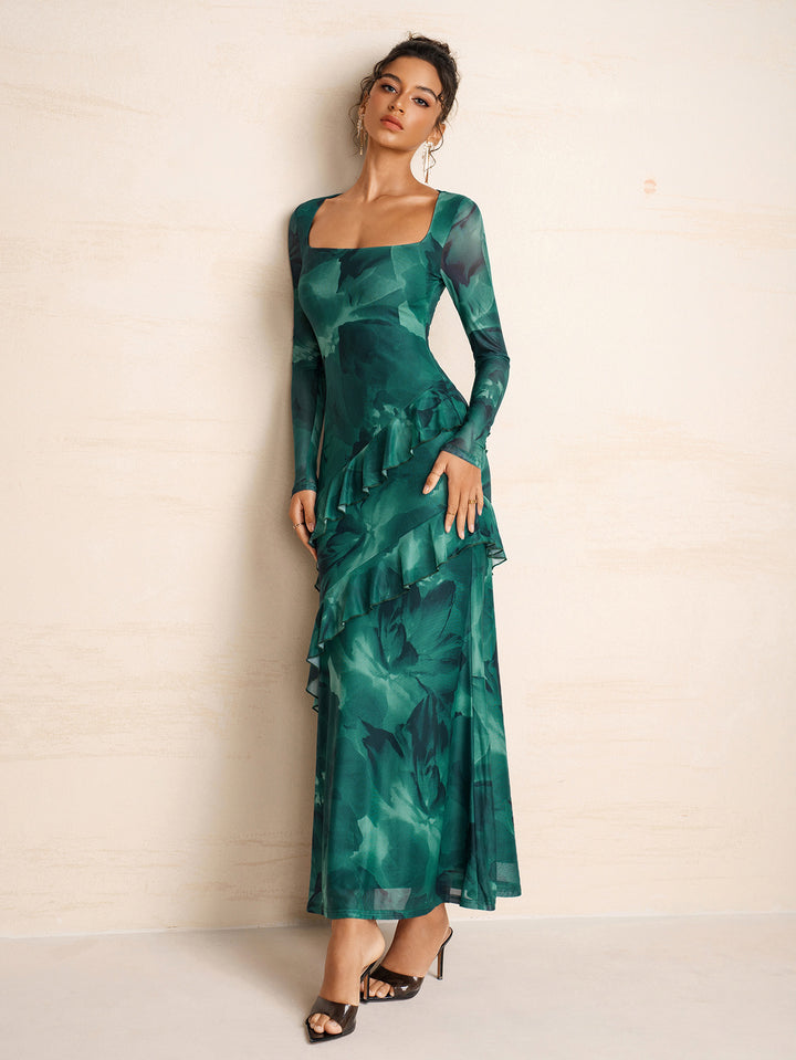 Flounce Trim Square Neck Long Sleeve Mesh Dress